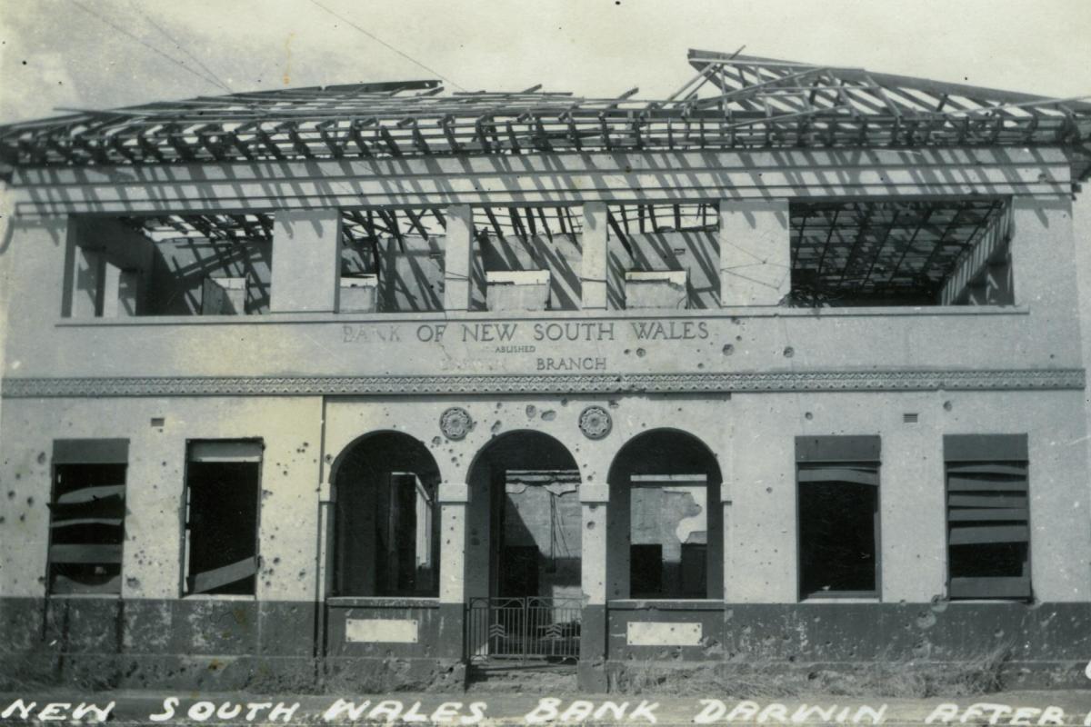 Bank of NSW. Roof of building and internal building destroyed. Windows blown out. 
