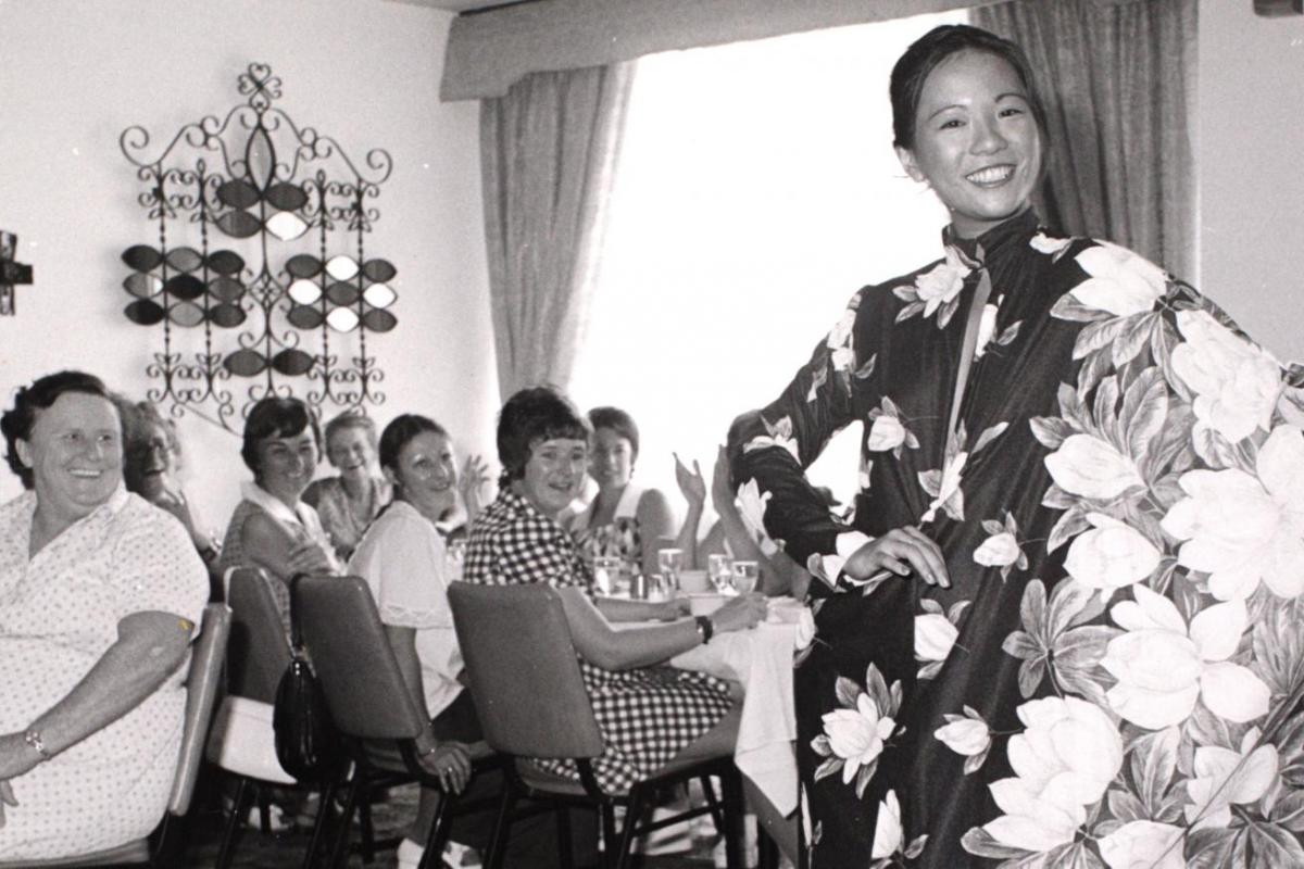 Marie Louise Quong modelling at Fund raising luncheon at the Travelodge after Cyclone Tracy