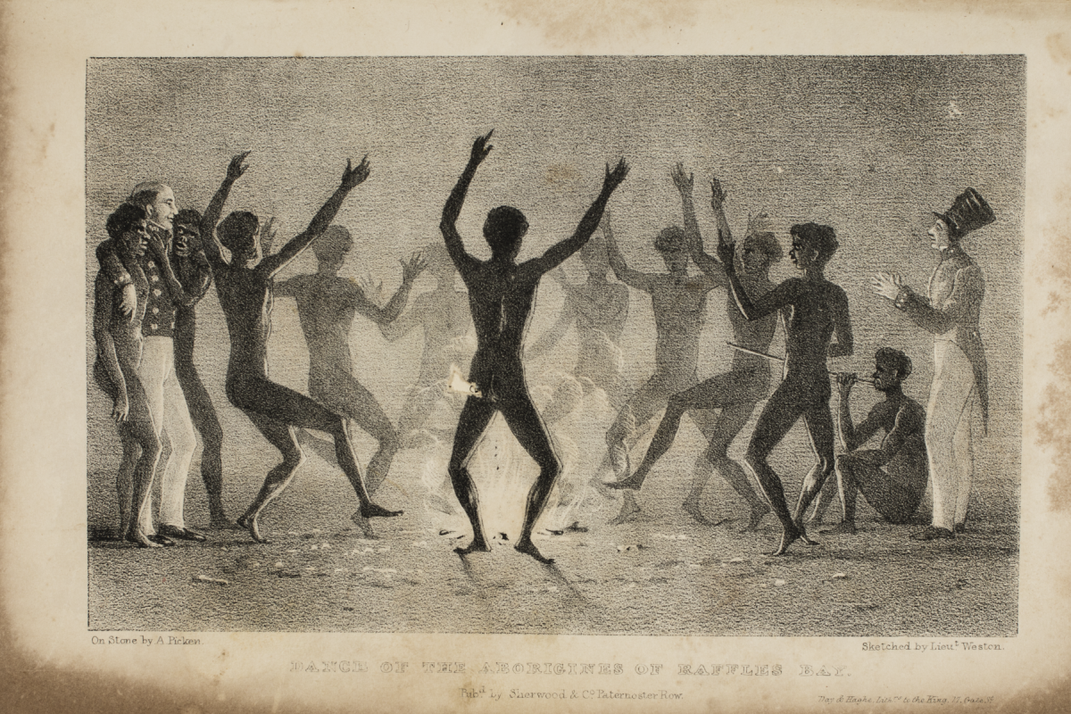 Depicts a group of Aboriginal men dancing around a fire and carousing with British soldiers. At right is a seated man playing a bamboo didgeridoo.