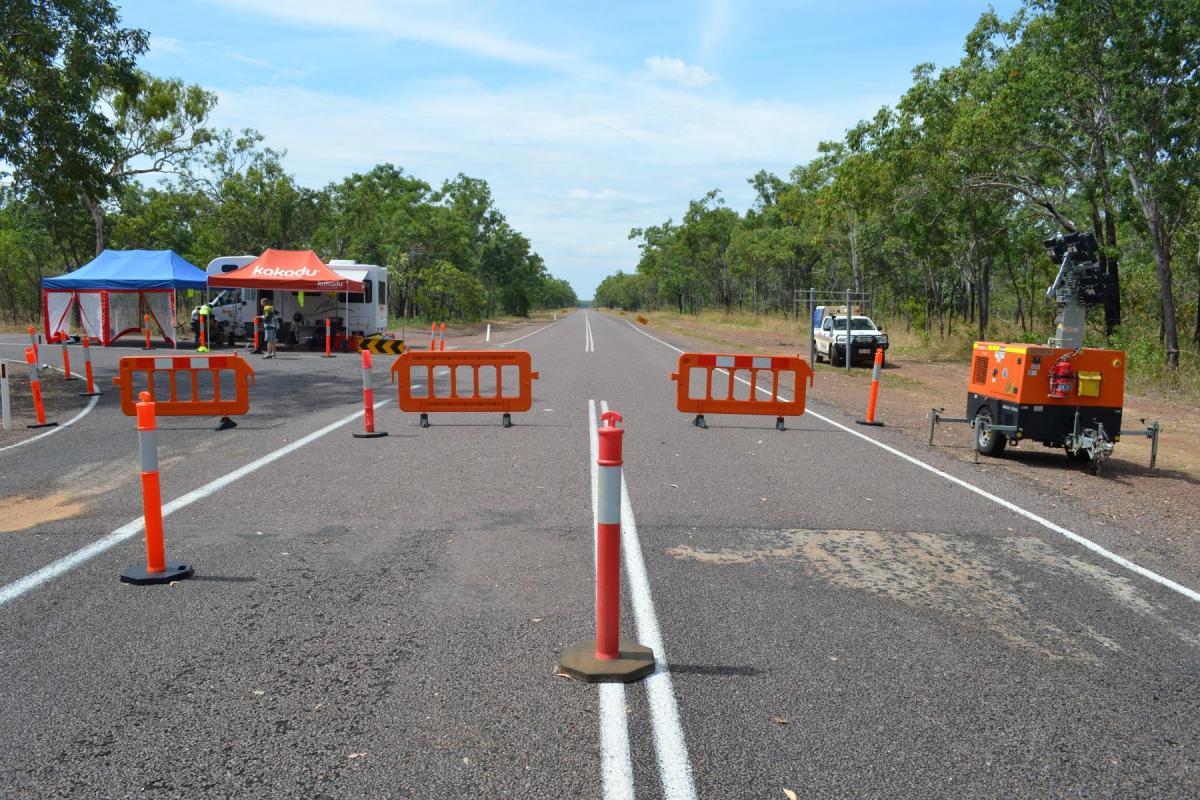Barricades blocking Arnhem Highway at Biosecurity zone perimeter, May 2020. 