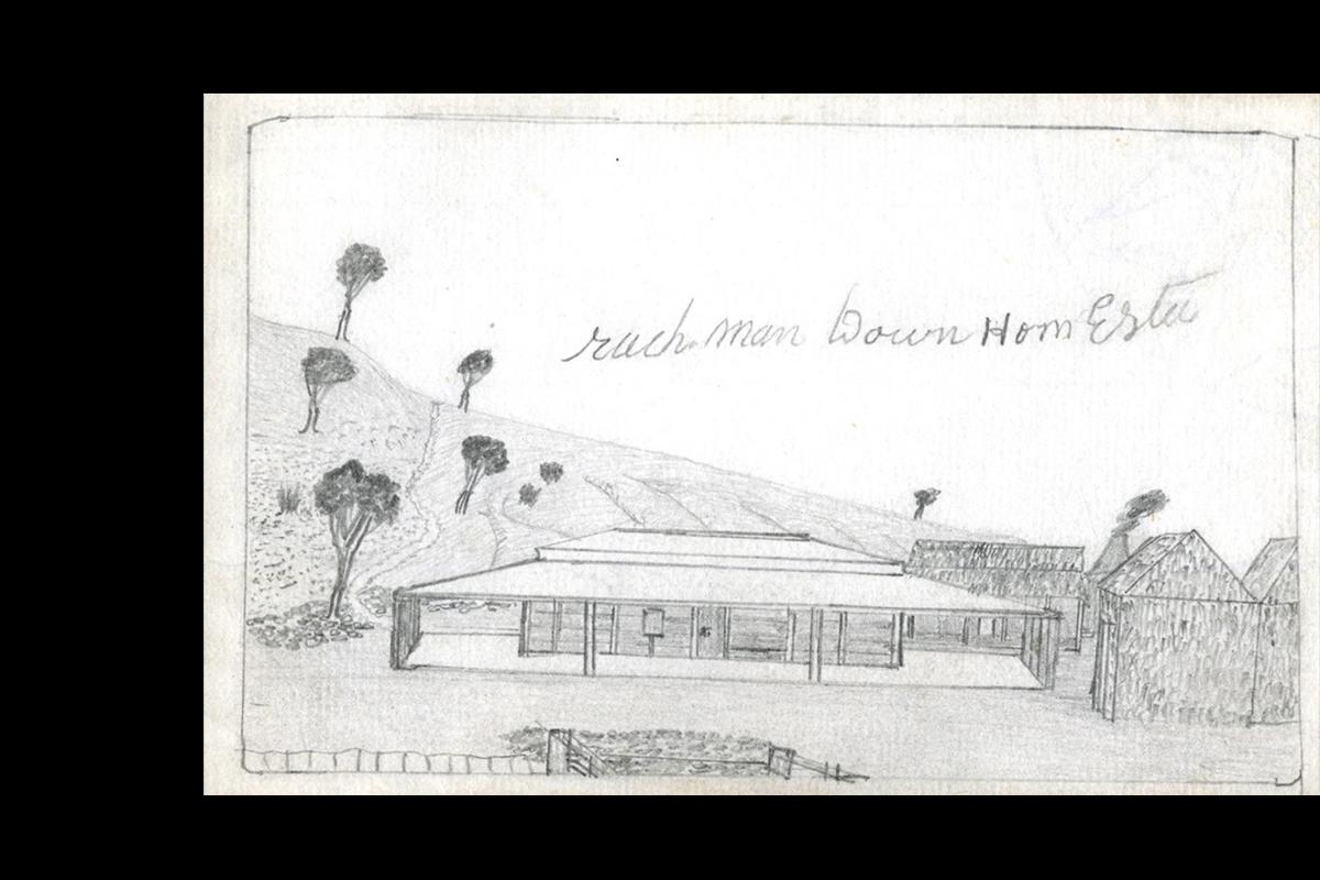 Station homestead with veranda flanked by smaller buildings.