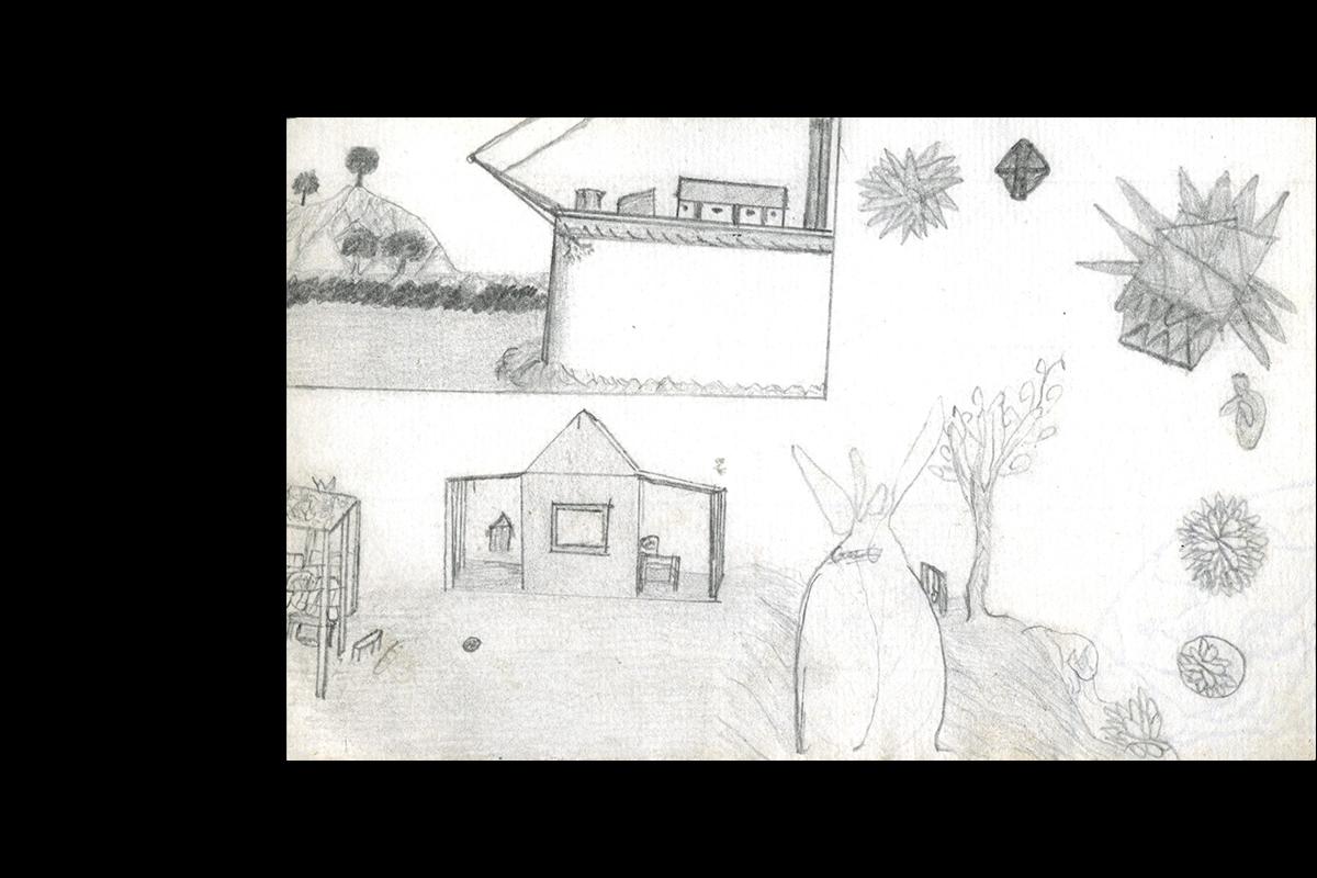 A boab tree and bunkhouse scene. An inset with a moving ship is featured.