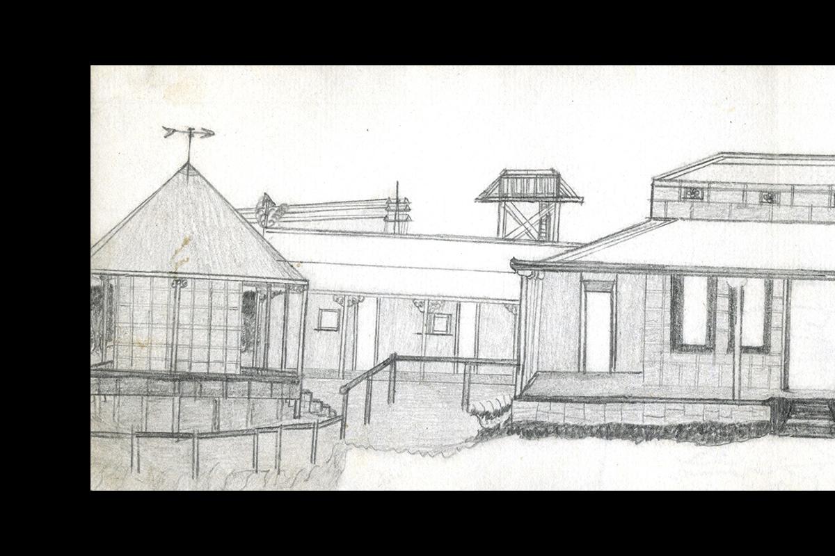 A detailed composite of single and a three-storied building are shown, front on. 