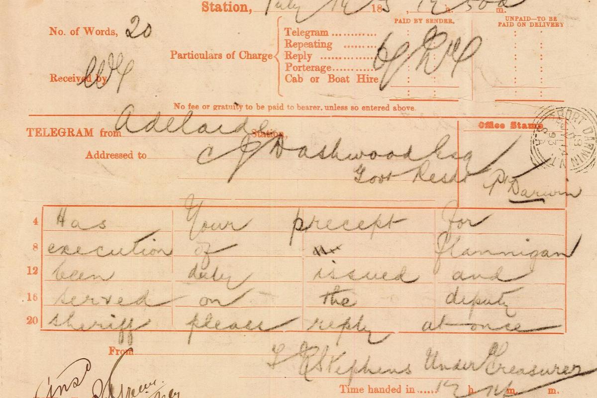 Telegram message handwritten on a template headed ‘Electric Telegraph, South Australia’. 