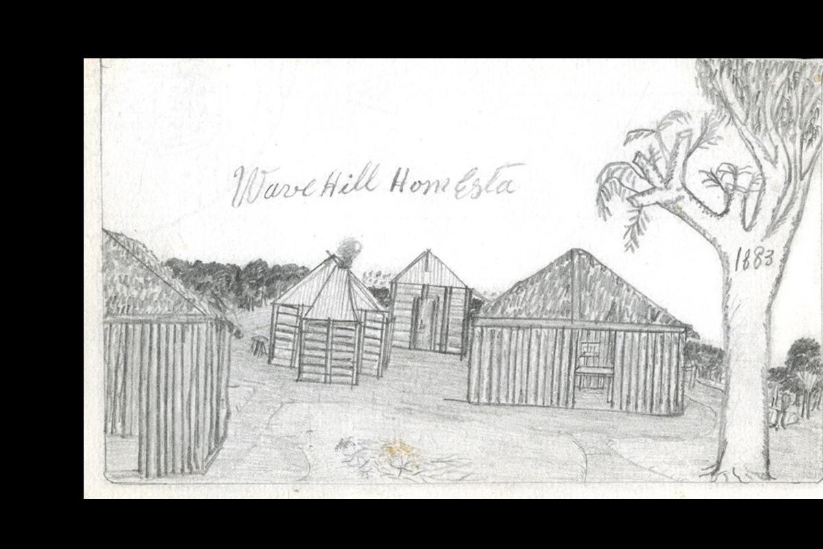 Rough timber buildings, some roofed with iron, some with thatch.