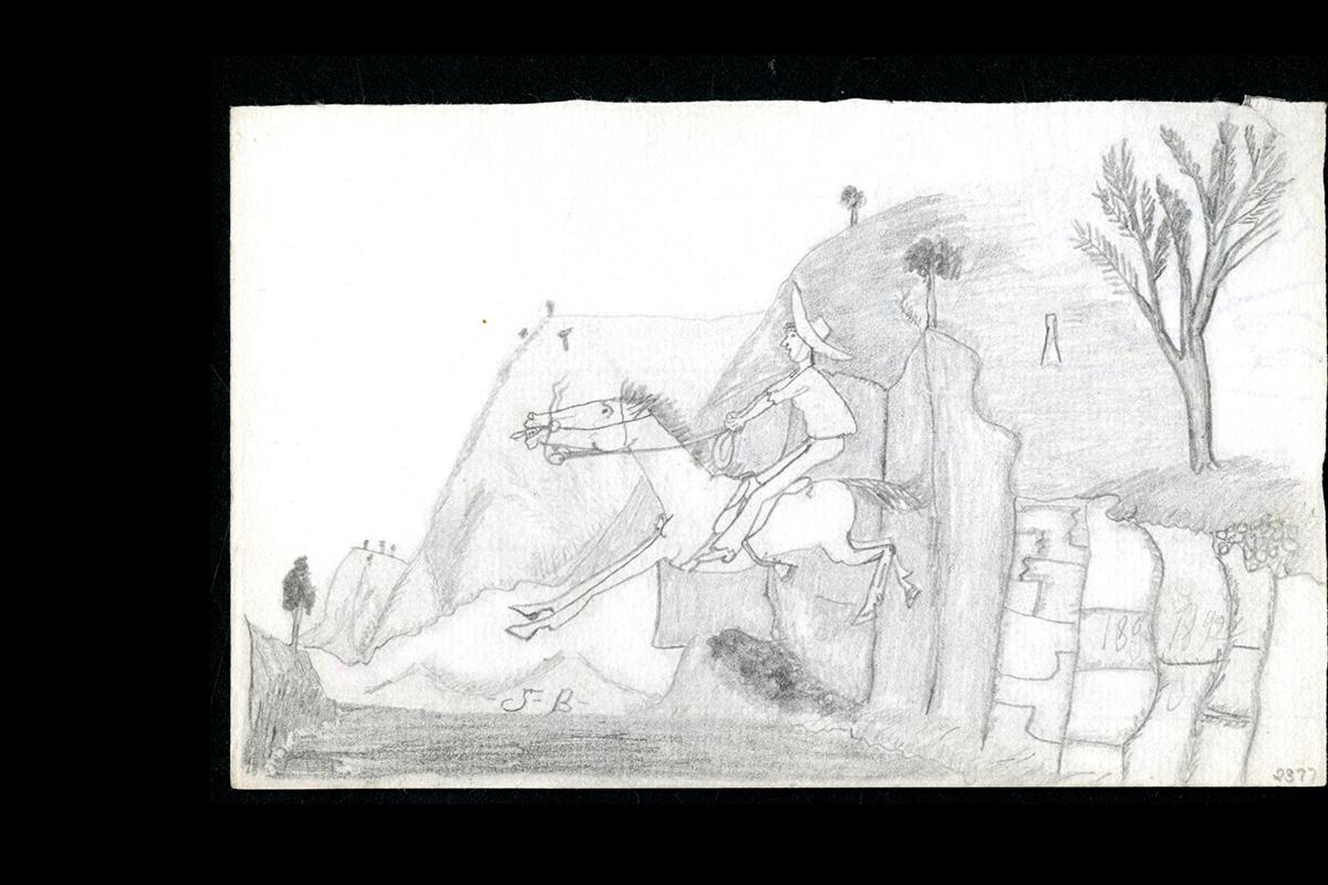 A horseman leaping from a cliff at full gallop. Trees, hills, cliffs in the background.