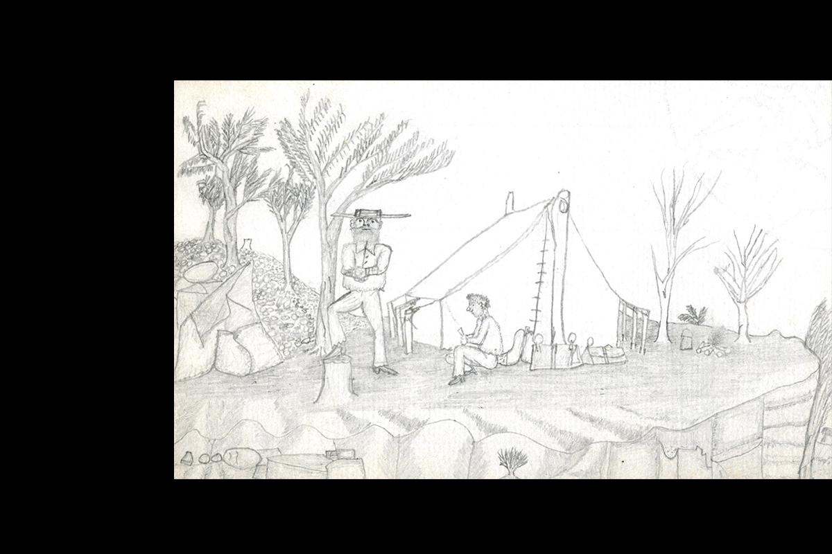 Two men in a working bush camp. One stands, perhaps manacled.