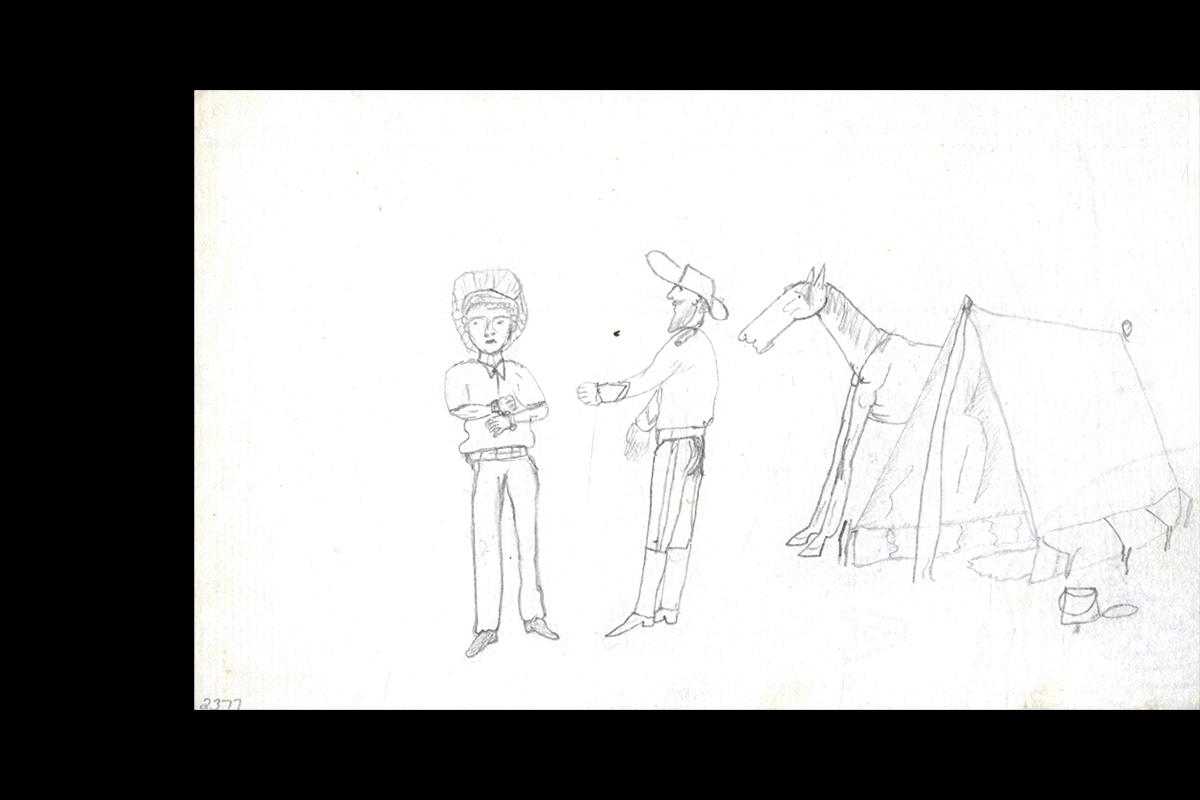 A police officer and a man in handcuffs standing by a canvas tent.