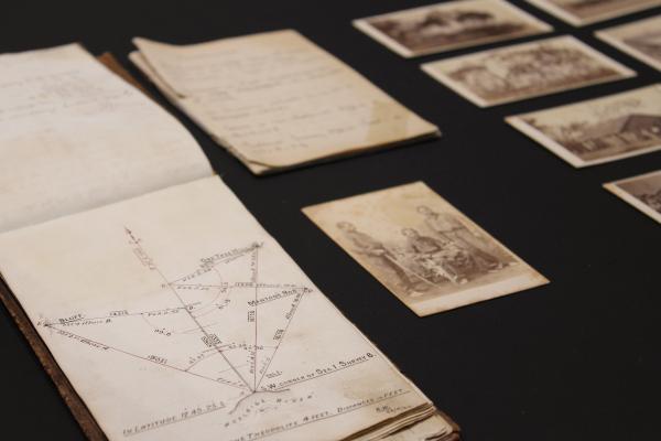 Richard Watson's field book from the 1864-67 Escape Cliffs expedition showing survey calculations, donated by John Bates