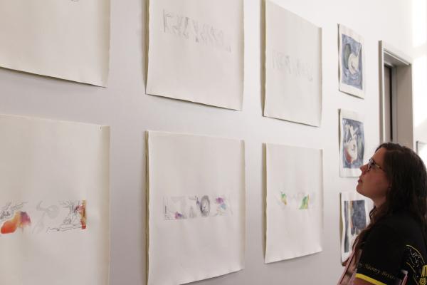 Person viewing artwork on display