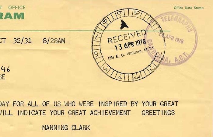 Telegram dated 1978 and addressed to Gough Whitlam. 