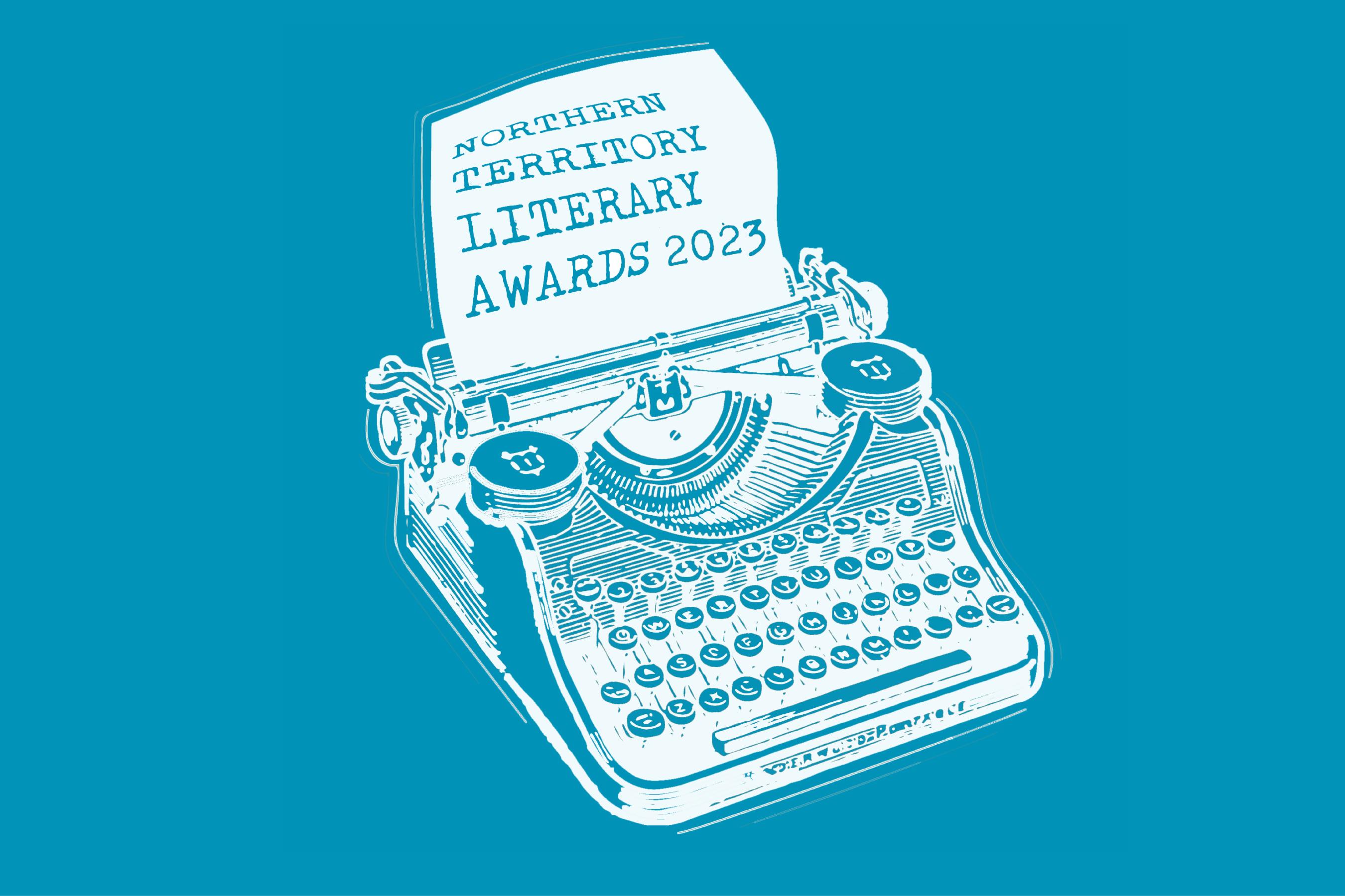 Illustrated typewriter and 2023 NTLA text in white on blue background