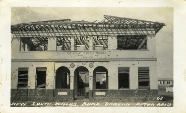 Bank of NSW. Roof of building and internal building destroyed. Windows blown out. 