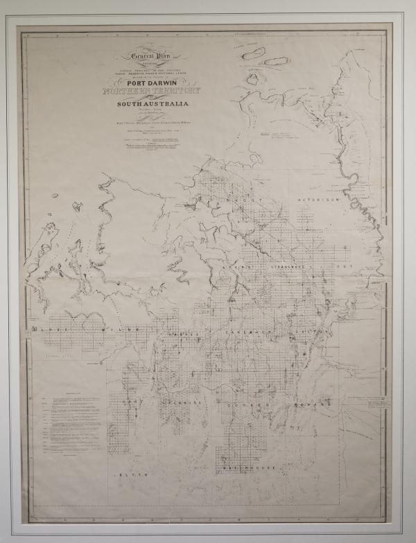Framed image of General plan showing natural features of the country, towns, reserves, roads & sectional lands at, and in the vicinity of Port Darwin, Northern Territory of South Australia