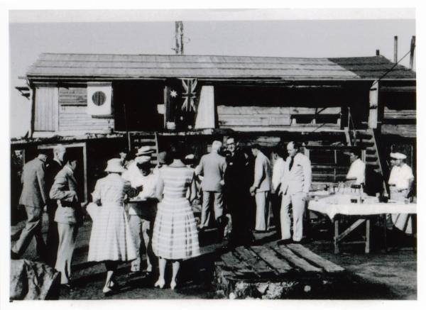 Reception on board the MV British Motorist for Governor-General, Lord Rt Hon. William Shepherd Morrison, 1st Viscount Dunrossil, Lady Dunrossil and Dame Pattie Menzies in 1961.