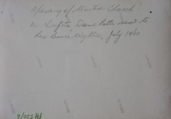 Reverse of photo - Ryugo Fujita at the opening of the Darwin Memorial Uniting Church in 1960.