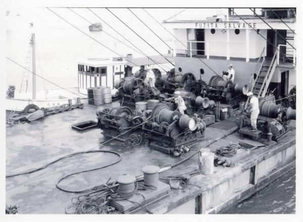 Winches on board the floating barge crane of the Fujita Salvage Company.