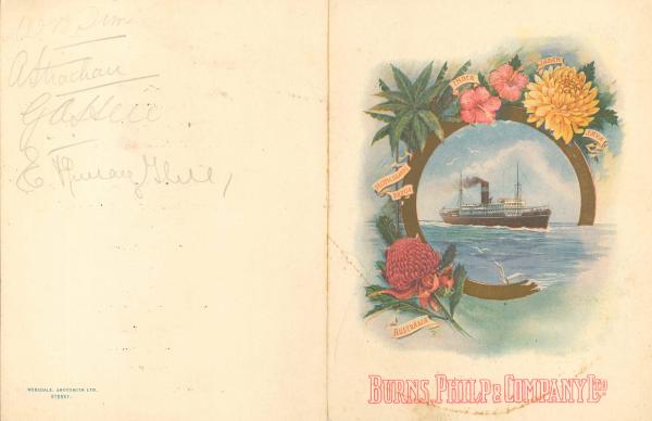 Picture of the SS Mataram dinner menu cover featuring an image of the ship on the water with a floral border.