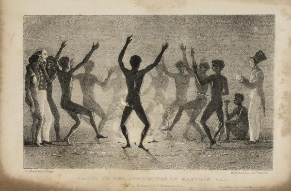 Depicts a group of Aboriginal men dancing around a fire and carousing with British soldiers. At right is a seated man playing a bamboo didgeridoo.