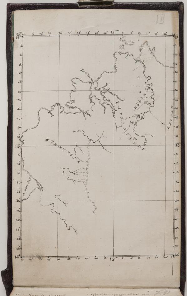 Hand-drawn map shows the coastline from Anson Bay to Port Darwin and the Adelaide River.