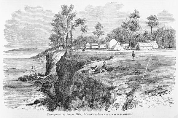 Depicts a settlement of tents and buildings as well as a signal mast atop cliffs facing out to sea. A number of people can be seen in the settlement and down on the beach.