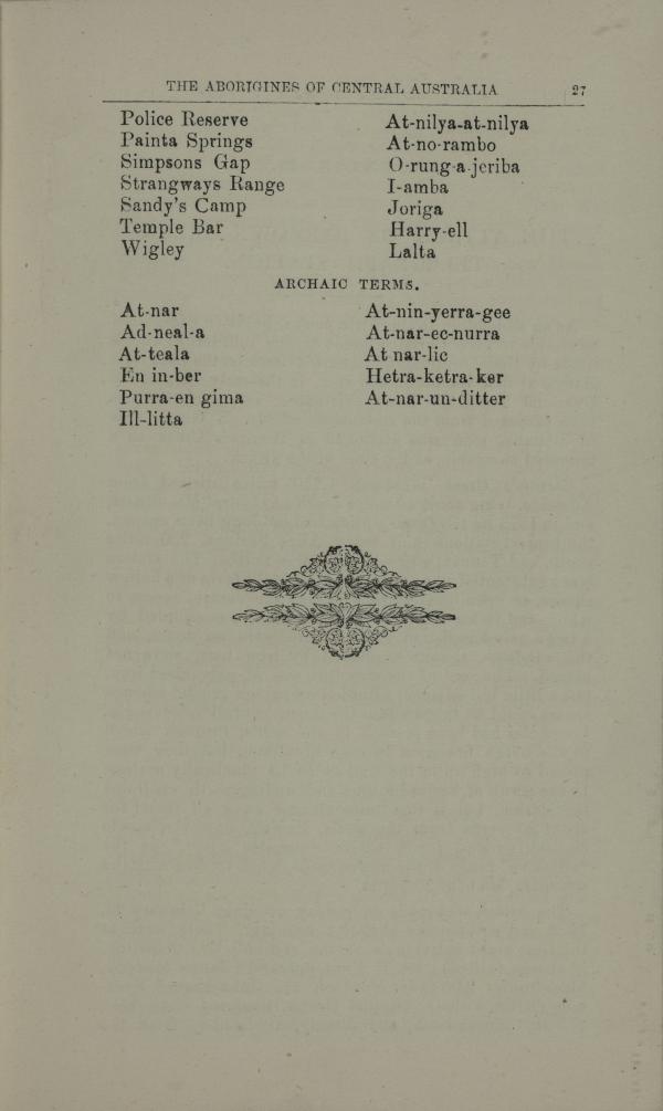 Extract from book The Aborigines of Central Australia showing English and Aboriginal names for places around Alice Springs.