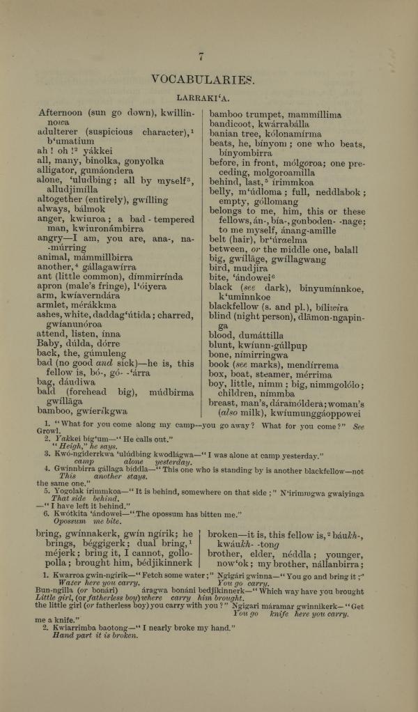 Word list which represents a Larrakia vocabulary.