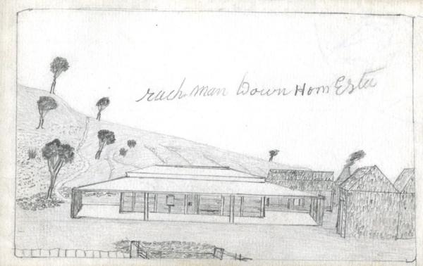 Station homestead with veranda flanked by smaller buildings.