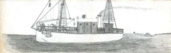 A moving two-masted ship is shown. The coast is visible in the background.