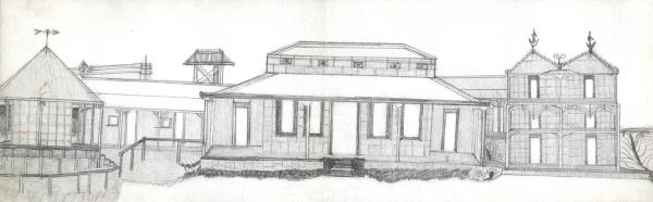 A detailed composite of single and a three-storied building are shown, front on. 