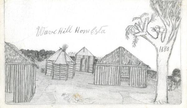 Rough timber buildings, some roofed with iron, some with thatch.