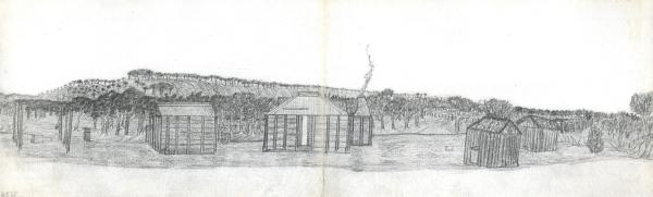 Panorama featuring small buildings, a bough shed and range in the background.