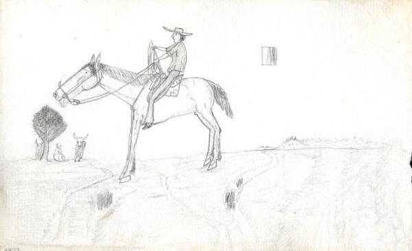 A man on a horse, three cattle in the background shelter by a small horse.