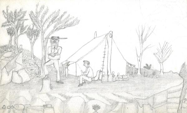 Two men in a working bush camp. One stands, perhaps manacled.