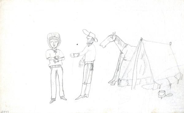 A police officer and a man in handcuffs standing by a canvas tent.